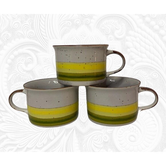 Vintage Stoneware Sunrise Set 3 Yellow Green Speckled Glaze Mug Coffee Tea Soup - Picture 2 of 11
